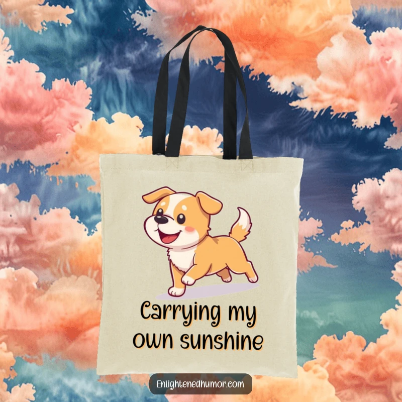 Funny dog tote bag with a happy dog chasing a shadow that transforms into light, symbolizing playfulness and energy.