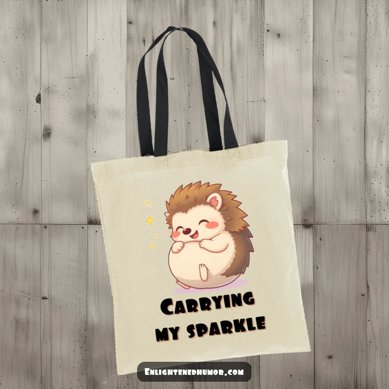 Funny Hedgehog Tote Bag, a cheerful character in a giggling, sparkly ball formation, perfect for carrying essentials with cute, humorous flair.
