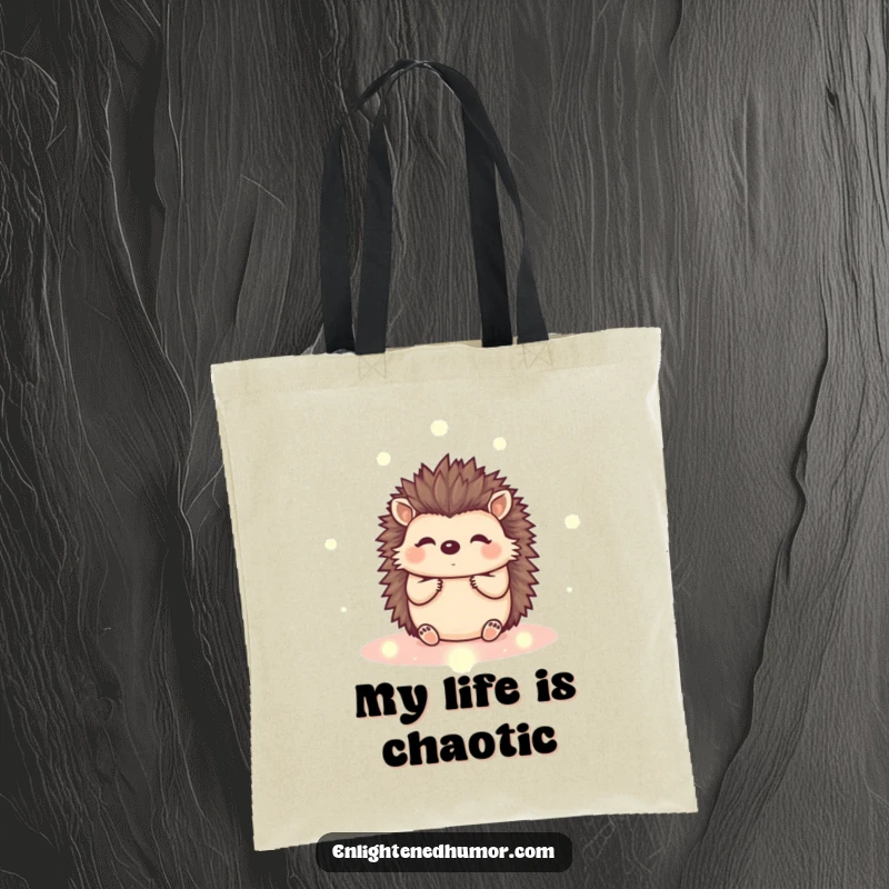 Funny kawaii hedgehog tote bag with a cute animal and sparkling energy orbs, perfect for shopping and daily use.