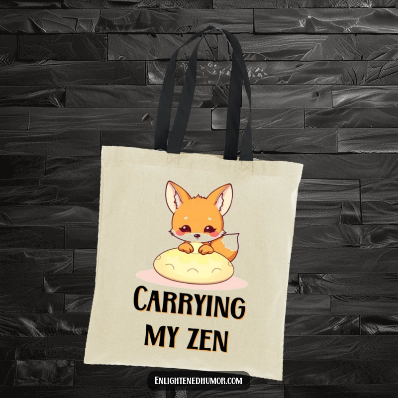 Funny Kawaii Fox Tote Bag: Charming fox peeking from a glowing meditation cushion, blending humor and spirituality. An ideal funny gift.