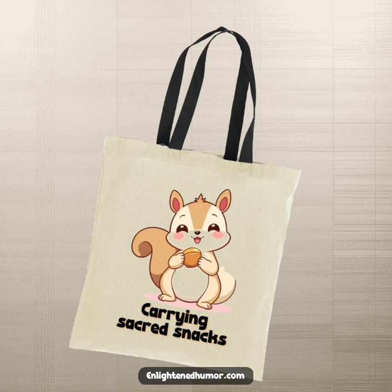 Funny kawaii squirrel tote bag, a happy squirrel offering a nut to a floating spiritual symbol, perfect for mindful errands.