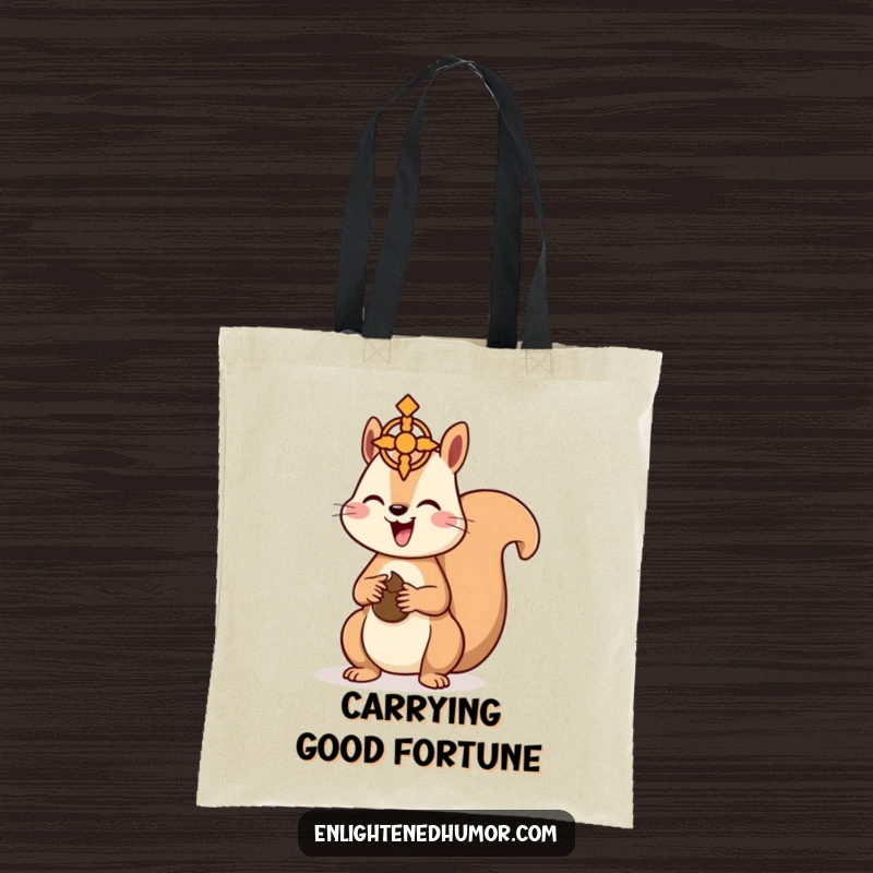 Funny Kawaii Squirrel Tote Bag: Cute squirrel offering a nut to a spiritual symbol, perfect for humorous, lucky everyday style. A great funny gift.