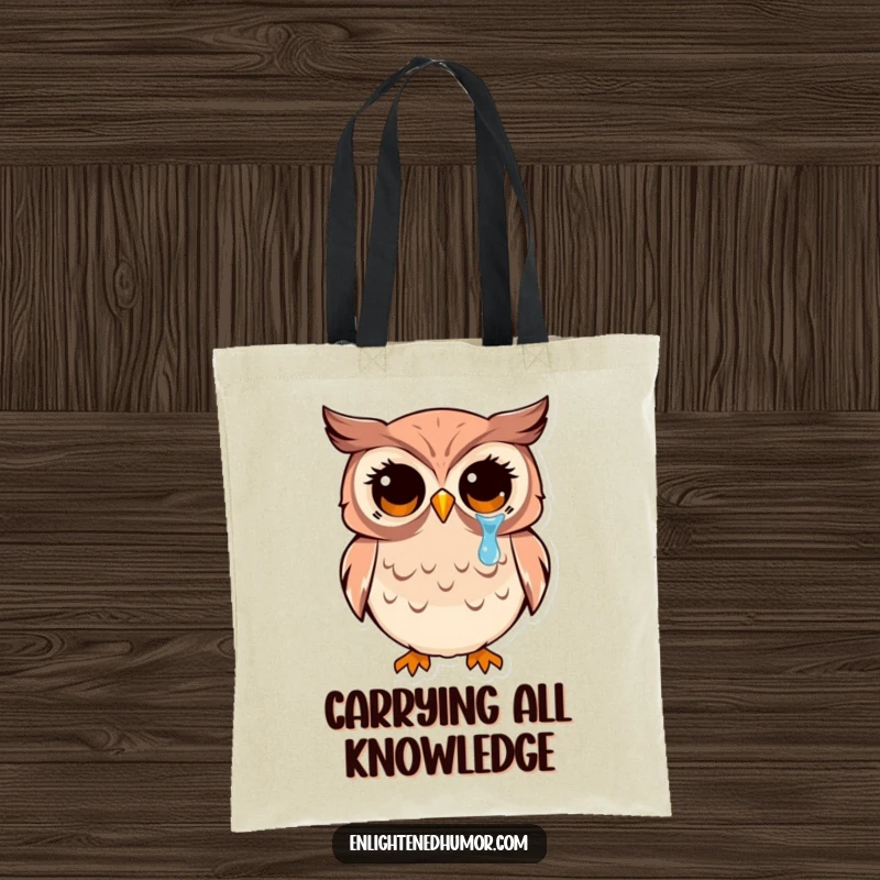 Funny kawaii owl tote bag with wide, enlightened eyes shedding a tear of joy, a humorous and functional accessory.