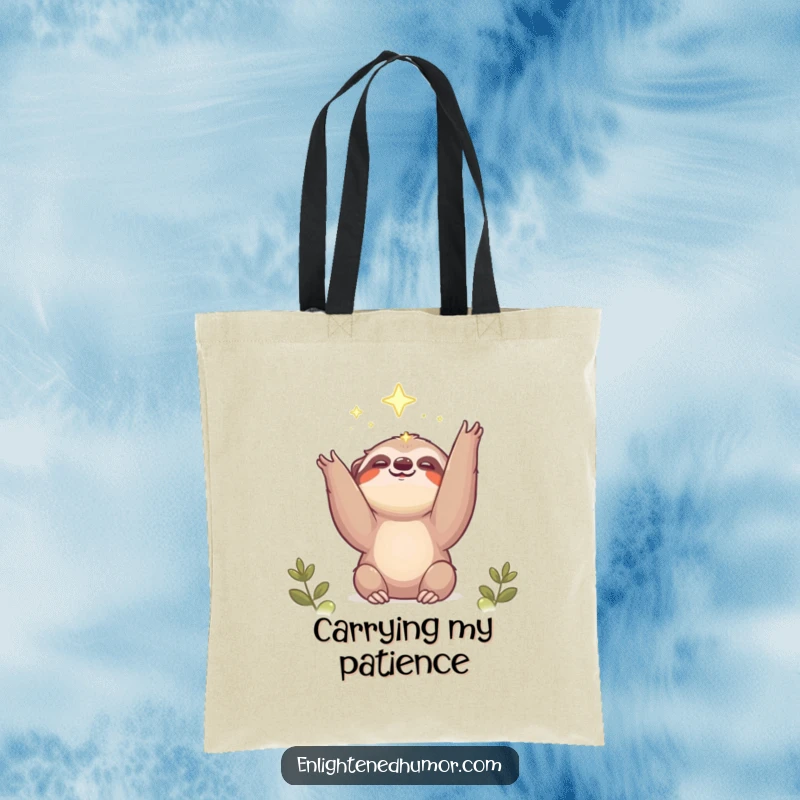 Funny kawaii sloth tote bag with a smiling animal reaching for a bright light, perfect for carrying essentials and dreams.