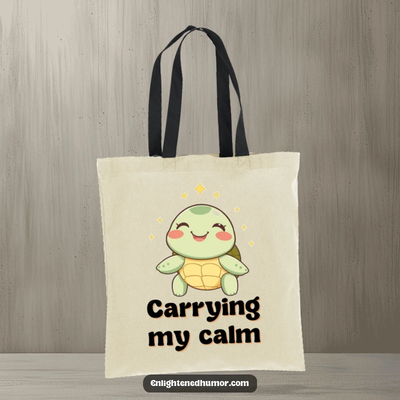 Funny Turtle Tote Bag: A joyful turtle beaming with peace, surrounded by a soft, sparkly halo. Ideal for calm errands.