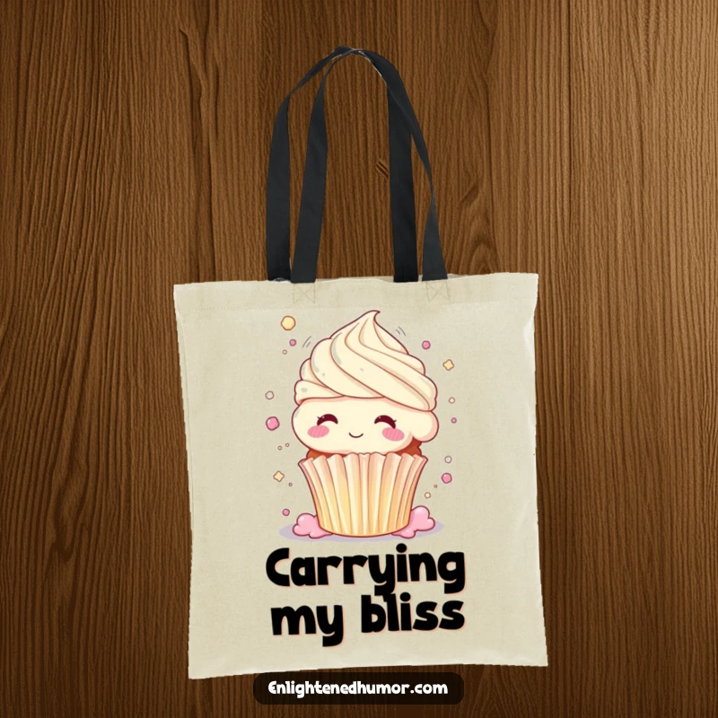 Funny cupcake tote bag, dissolving into pure bliss, body shimmering, sweet shimmering accessory, humorous bag.