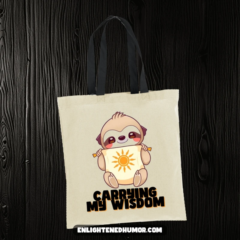 Funny Tote Bag: Smiling sloth character unfurling a scroll with a radiant sun symbol, carrying books, intellectual.