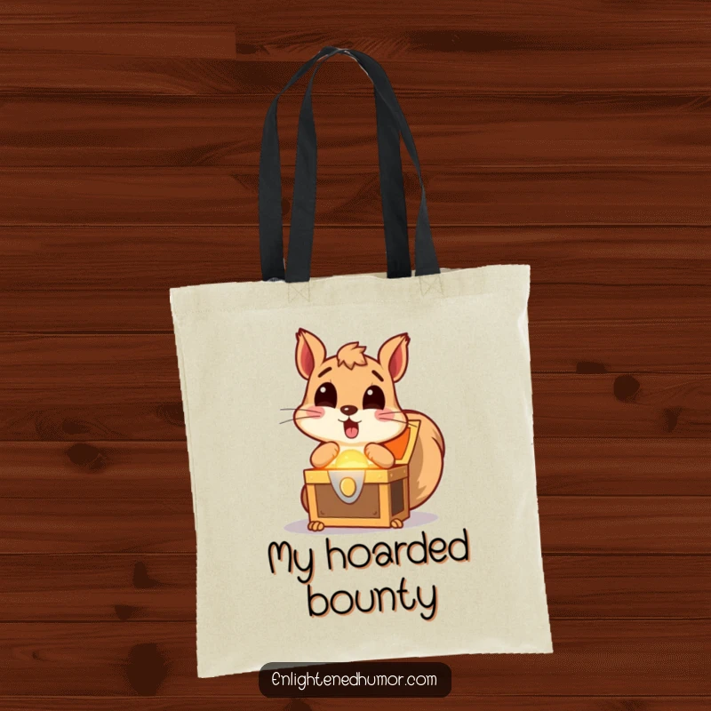Funny squirrel tote bag with a surprised squirrel discovering a glowing treasure chest, showcasing excitement and the thrill of discovery.