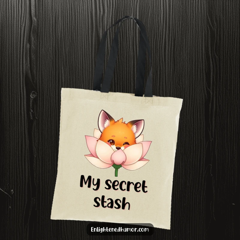 Funny fox tote bag with a curious fox peeking from behind a shimmering lotus flower, showcasing playful mischief and natural beauty.