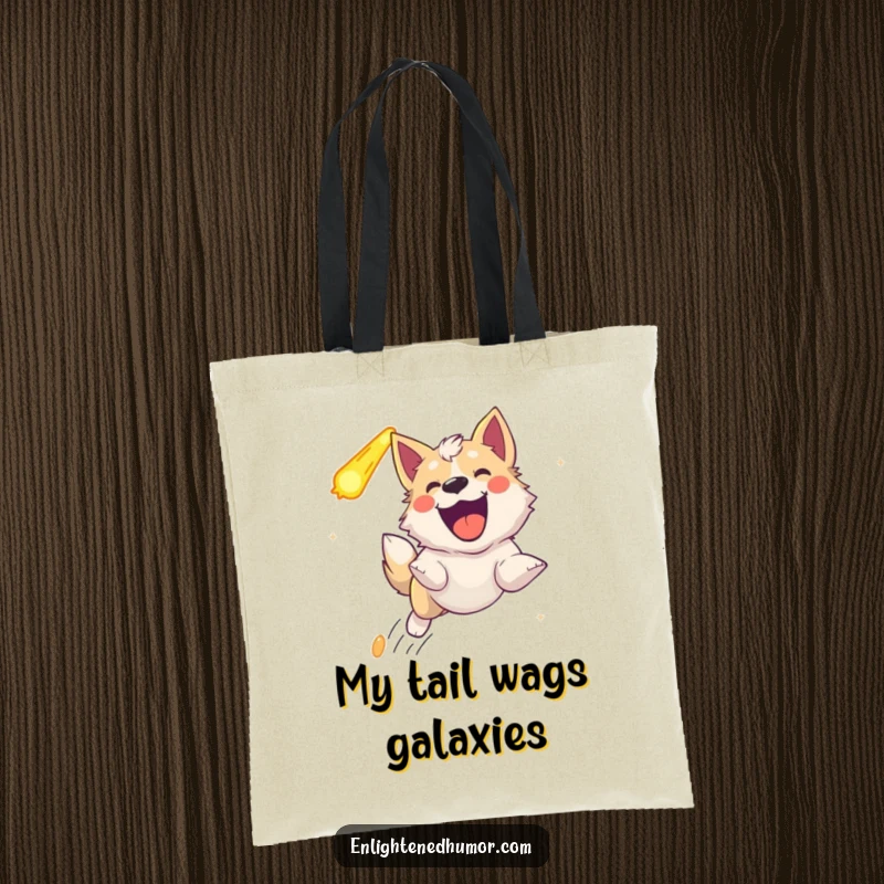 Funny celestial dog tote bag, illustrating an ecstatic dog joyfully barking while chasing a vibrant comet.